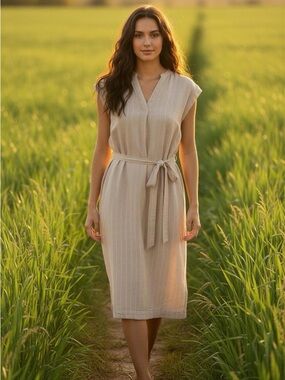 Jones New York Cream Striped Sleeveless Belted Dress Size 16